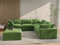Deluxe Cloud 5-Seater Sofa Set in Earth Green Velvet | 6-Piece (Includes 1 Ottoman), Living Room, Easy To Clean, Modular Design