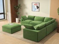 Deluxe Cloud 5-Seater Sofa Set in Earth Green Velvet | 6-Piece (Includes 1 Ottoman), Living Room, Easy To Clean, Modular Design