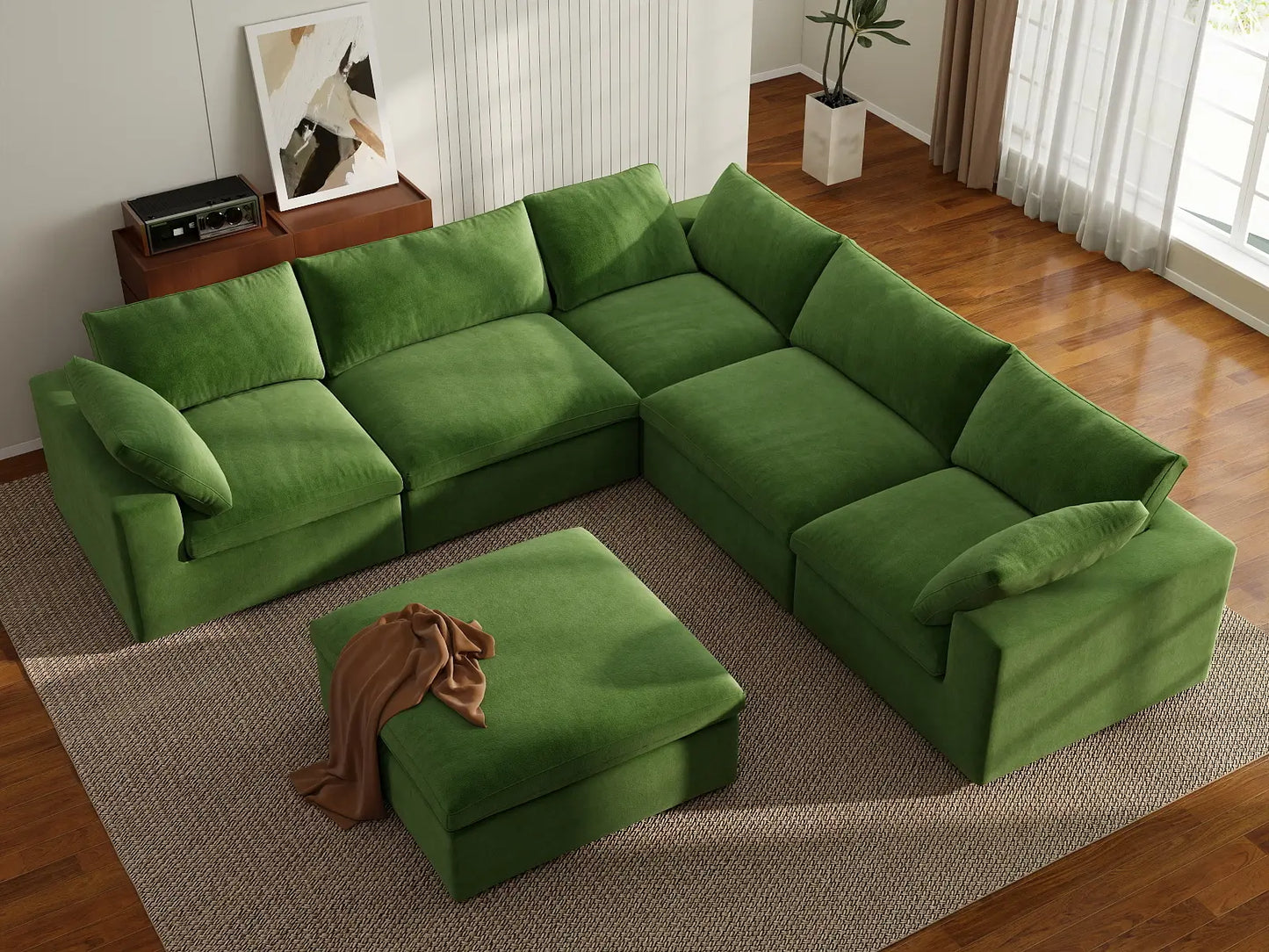 Deluxe Cloud 5-Seater Sofa Set in Earth Green Velvet | 6-Piece (Includes 1 Ottoman), Living Room, Easy To Clean, Modular Design