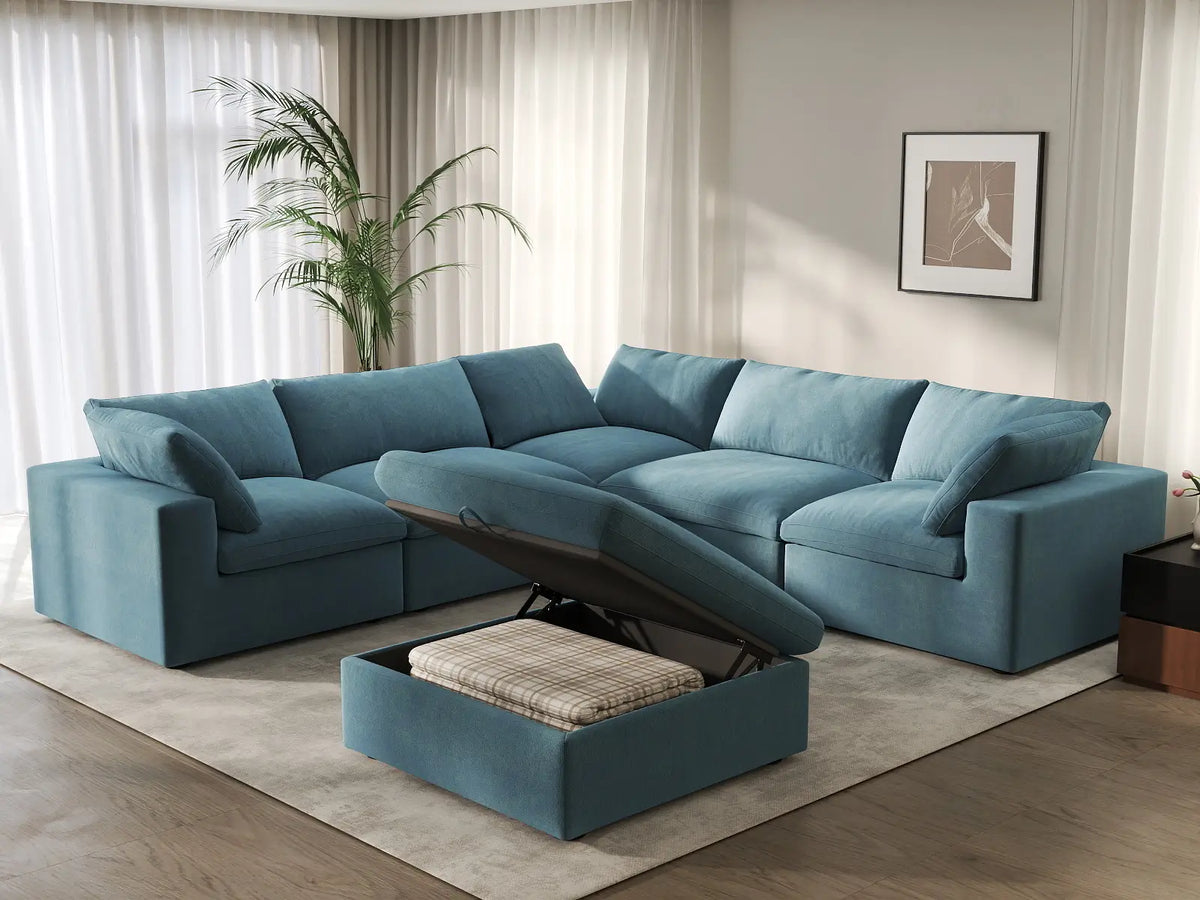 Deluxe Cloud 5-Seater Sofa Set in Light Blue Velvet | 6-Piece (Includes 1 Ottoman), Living Room, Easy To Clean, Stylish Design