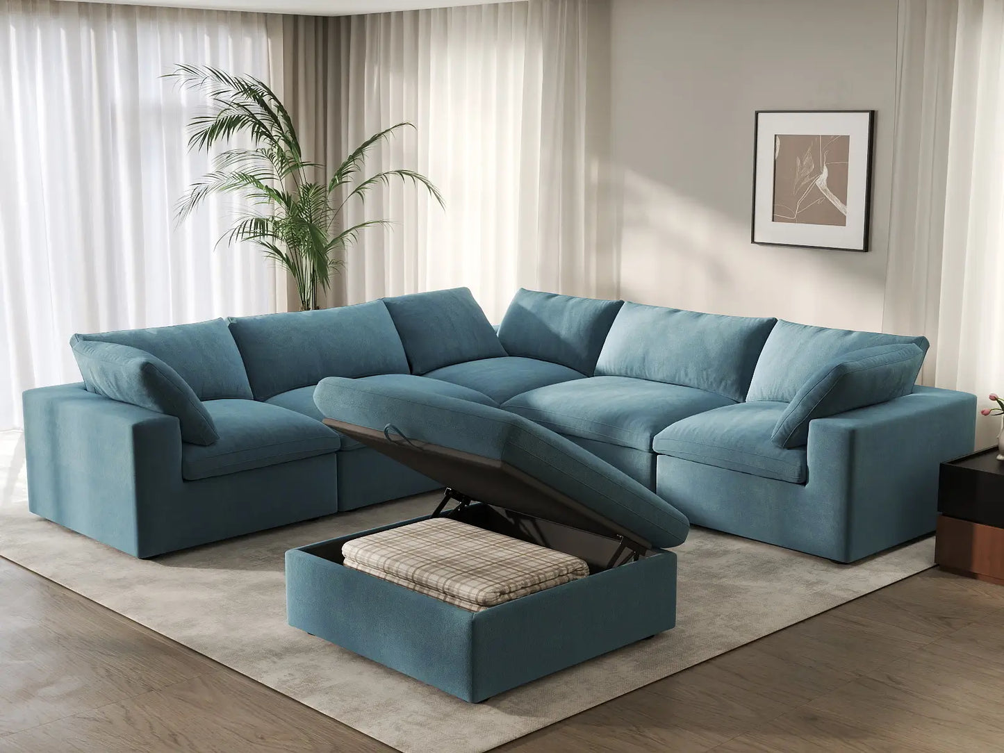 Deluxe Cloud 5-Seater Sofa Set in Light Blue Velvet | 6-Piece (Includes 1 Ottoman), Living Room, Easy To Clean, Stylish Design