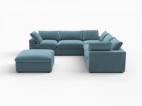 Deluxe Cloud 5-Seater Sofa Set in Light Blue Velvet | 6-Piece (Includes 1 Ottoman), Living Room, Easy To Clean, Stylish Design