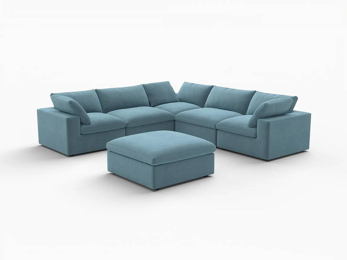 Deluxe Cloud 5-Seater Sofa Set in Light Blue Velvet | 6-Piece (Includes 1 Ottoman), Living Room, Easy To Clean, Stylish Design