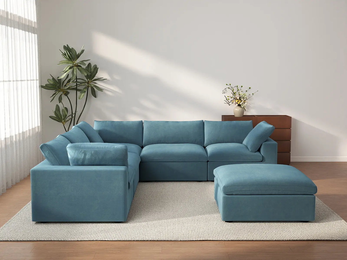 Deluxe Cloud 5-Seater Sofa Set in Light Blue Velvet | 6-Piece (Includes 1 Ottoman), Living Room, Easy To Clean, Stylish Design