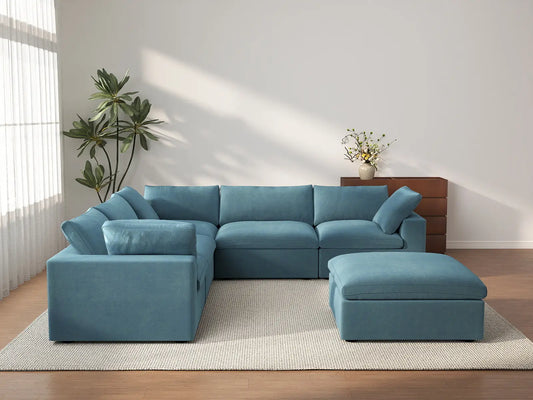 Deluxe Cloud 5-Seater Sofa Set in Light Blue Velvet | 6-Piece (Includes 1 Ottoman), Living Room, Easy To Clean, Stylish Design