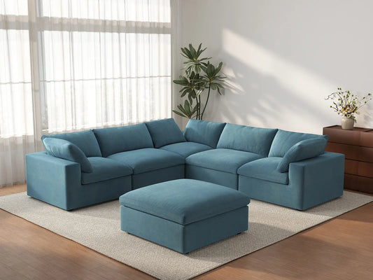 Deluxe Cloud 5-Seater Sofa Set in Light Blue Velvet | 6-Piece (Includes 1 Ottoman), Living Room, Easy To Clean, Stylish Design