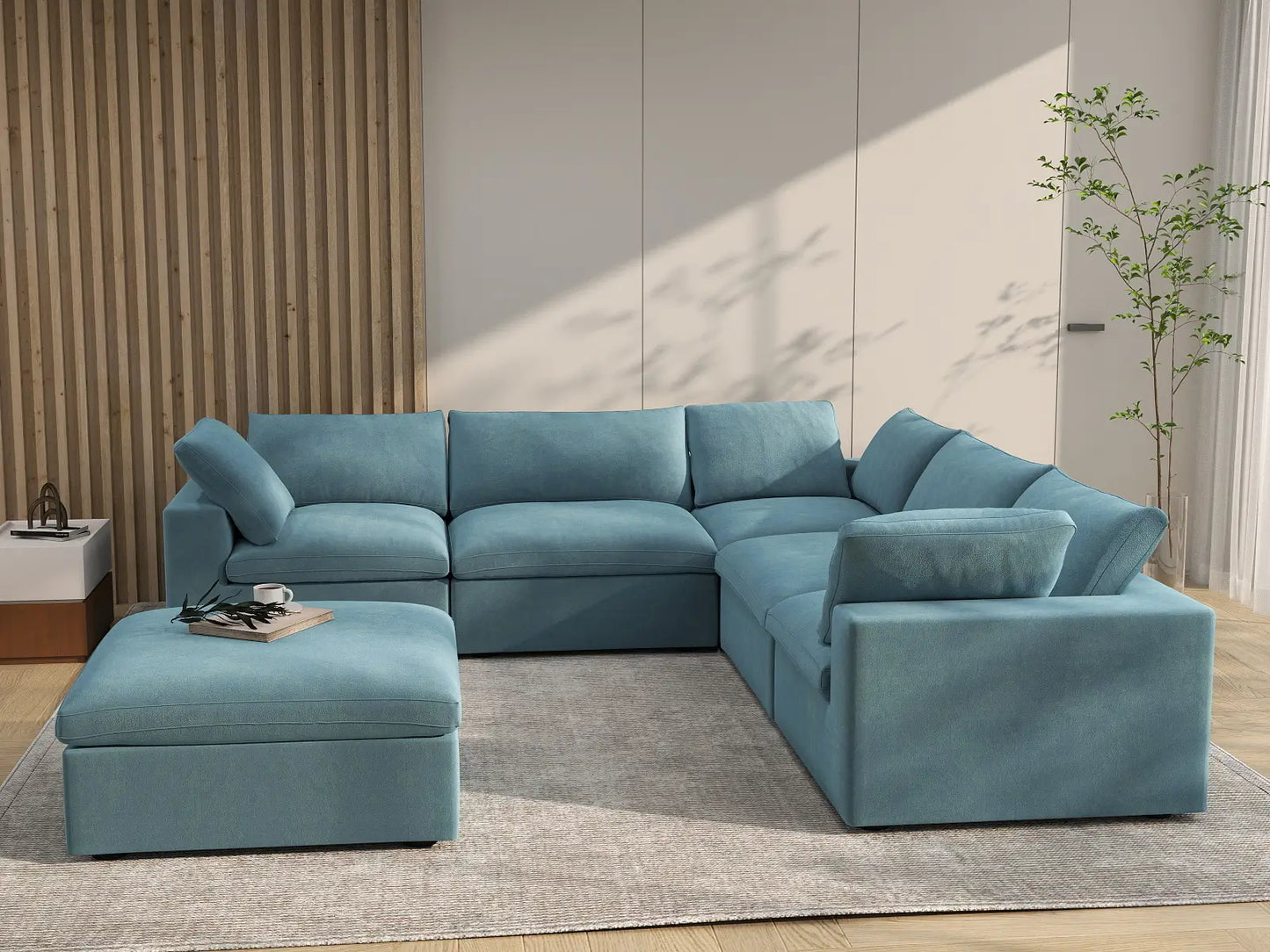 Deluxe Cloud 5-Seater Sofa Set in Light Blue Velvet | 6-Piece (Includes 1 Ottoman), Living Room, Easy To Clean, Stylish Design