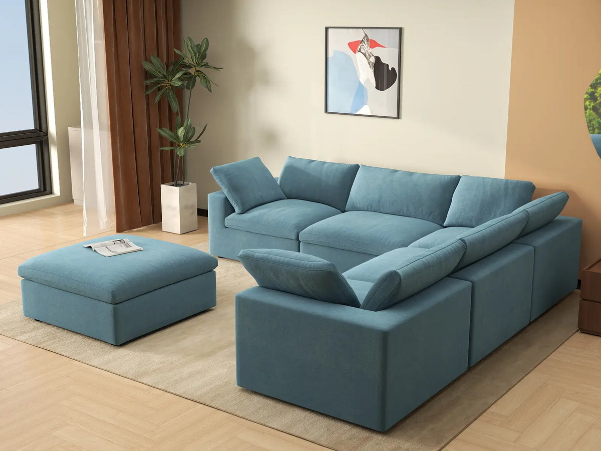 Deluxe Cloud 5-Seater Sofa Set in Light Blue Velvet | 6-Piece (Includes 1 Ottoman), Living Room, Easy To Clean, Stylish Design
