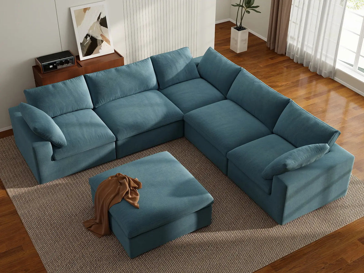 Deluxe Cloud 5-Seater Sofa Set in Light Blue Velvet | 6-Piece (Includes 1 Ottoman), Living Room, Easy To Clean, Stylish Design