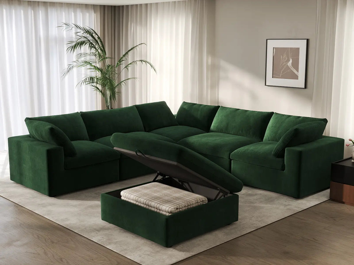 Deluxe Cloud 5-Seater Sofa Set in Olive Green Velvet | 6-Piece (Includes 1 Ottoman), Living Room, Easy To Clean, Modern Style