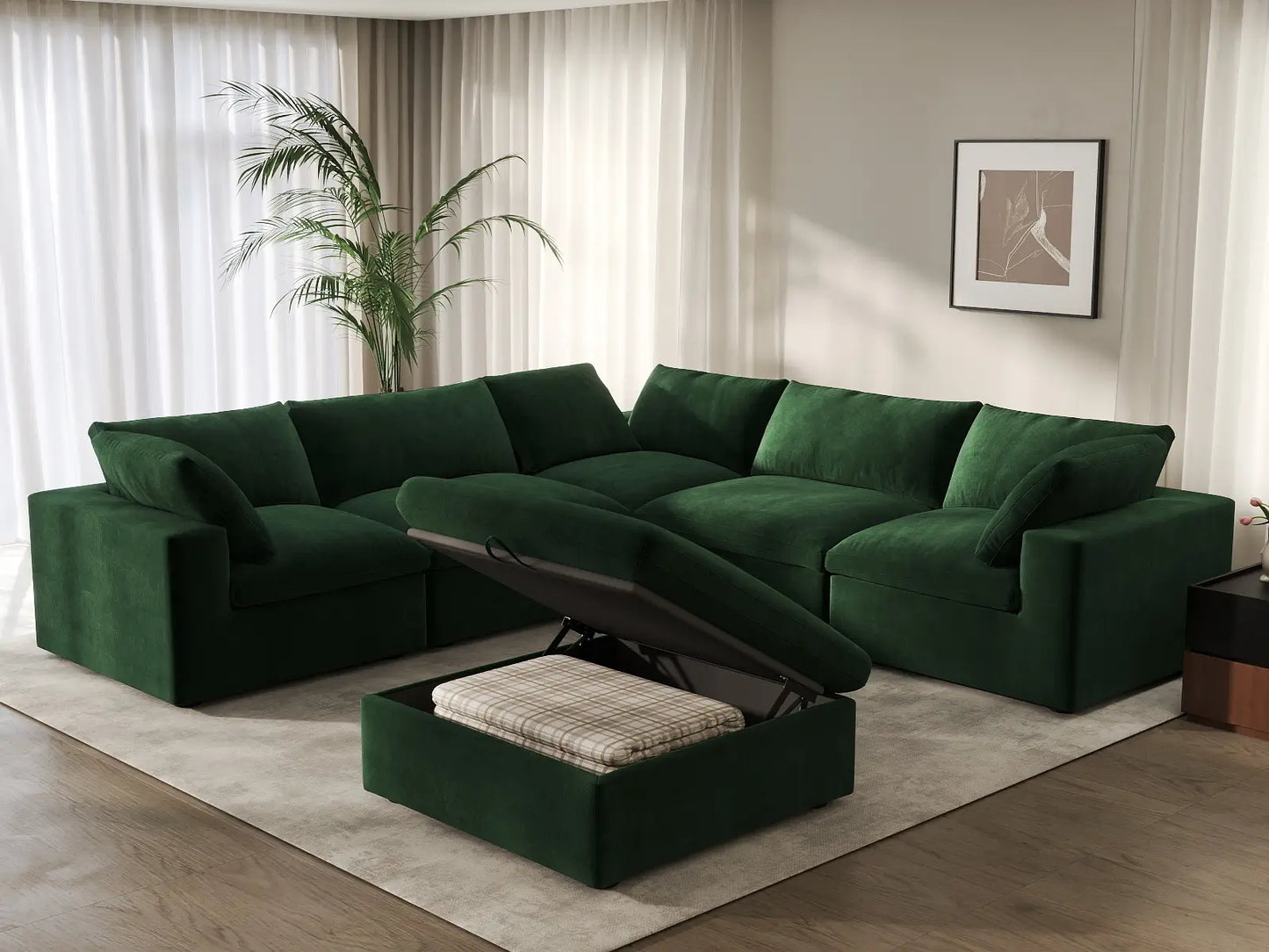 Deluxe Cloud 5-Seater Sofa Set in Olive Green Velvet | 6-Piece (Includes 1 Ottoman), Living Room, Easy To Clean, Modern Style