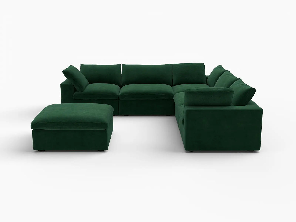 Deluxe Cloud 5-Seater Sofa Set in Olive Green Velvet | 6-Piece (Includes 1 Ottoman), Living Room, Easy To Clean, Modern Style