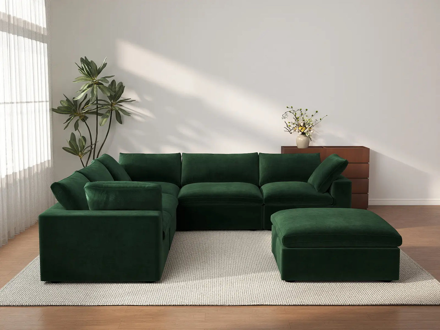 Deluxe Cloud 5-Seater Sofa Set in Olive Green Velvet | 6-Piece (Includes 1 Ottoman), Living Room, Easy To Clean, Modern Style