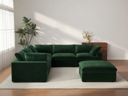 Deluxe Cloud 5-Seater Sofa Set in Olive Green Velvet | 6-Piece (Includes 1 Ottoman), Living Room, Easy To Clean, Modern Style