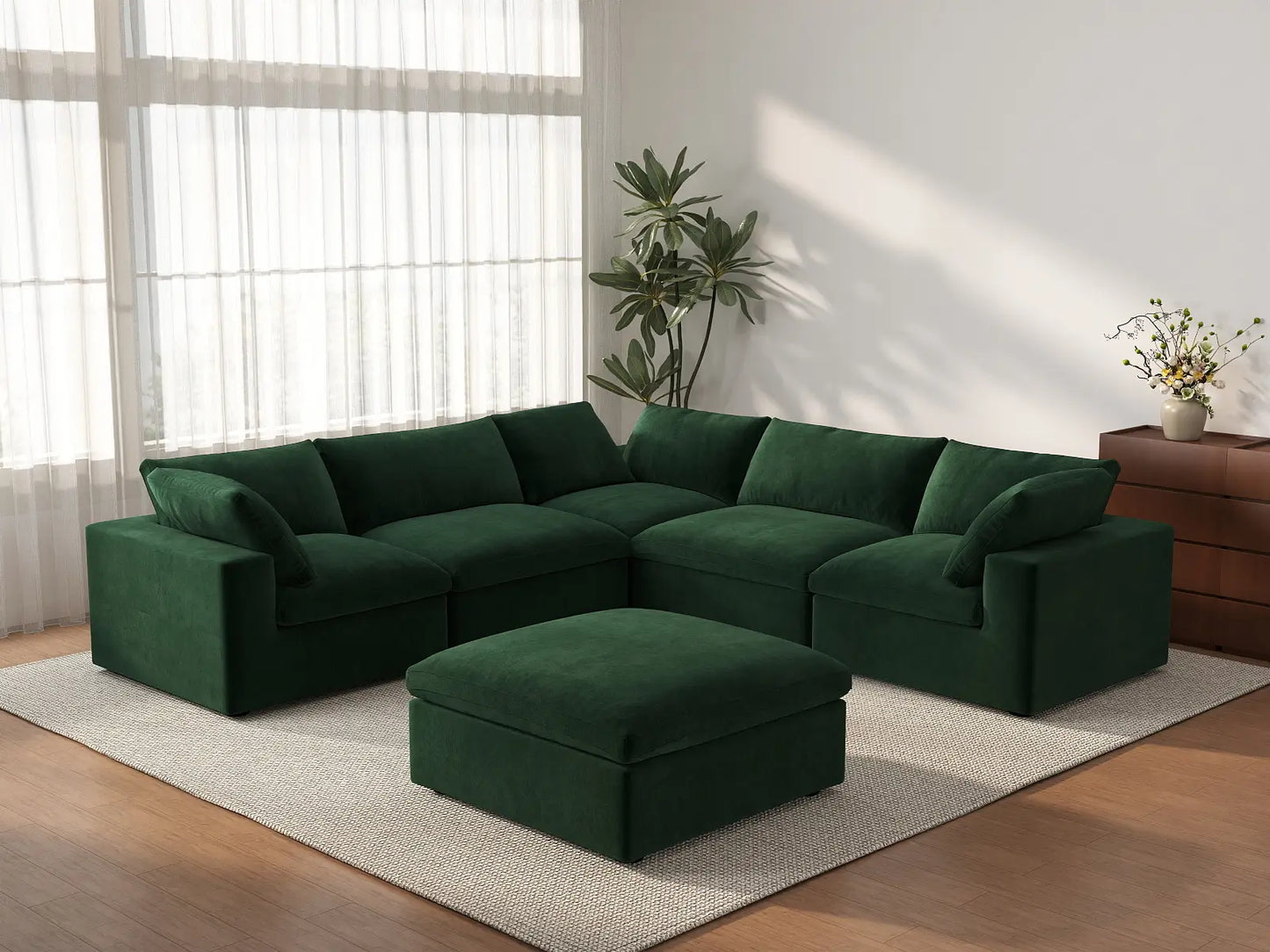 Deluxe Cloud 5-Seater Sofa Set in Olive Green Velvet | 6-Piece (Includes 1 Ottoman), Living Room, Easy To Clean, Modern Style