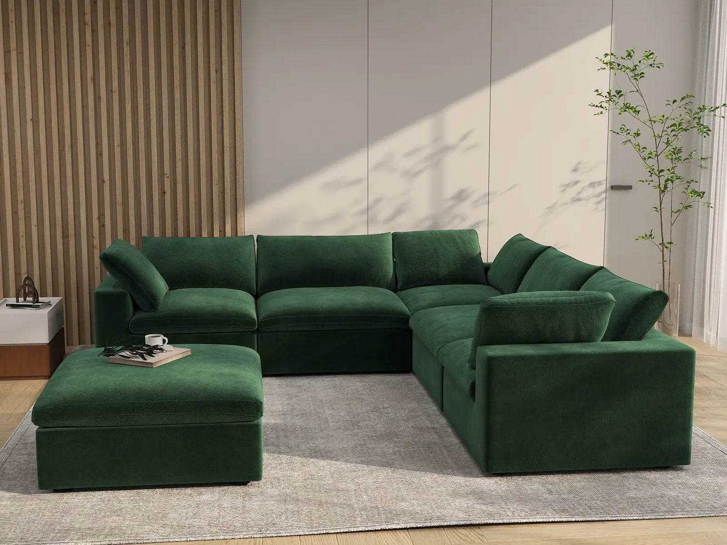 Deluxe Cloud 5-Seater Sofa Set in Olive Green Velvet | 6-Piece (Includes 1 Ottoman), Living Room, Easy To Clean, Modern Style