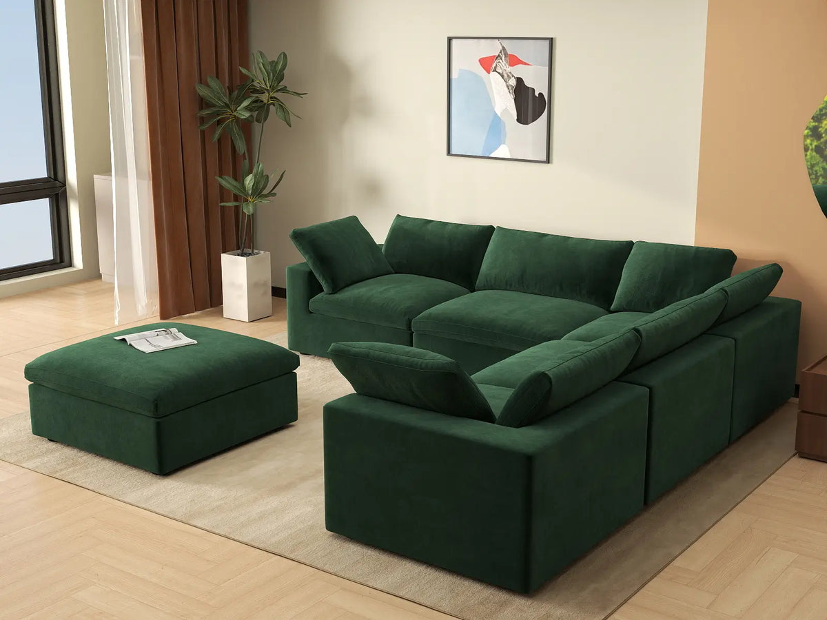 Deluxe Cloud 5-Seater Sofa Set in Olive Green Velvet | 6-Piece (Includes 1 Ottoman), Living Room, Easy To Clean, Modern Style
