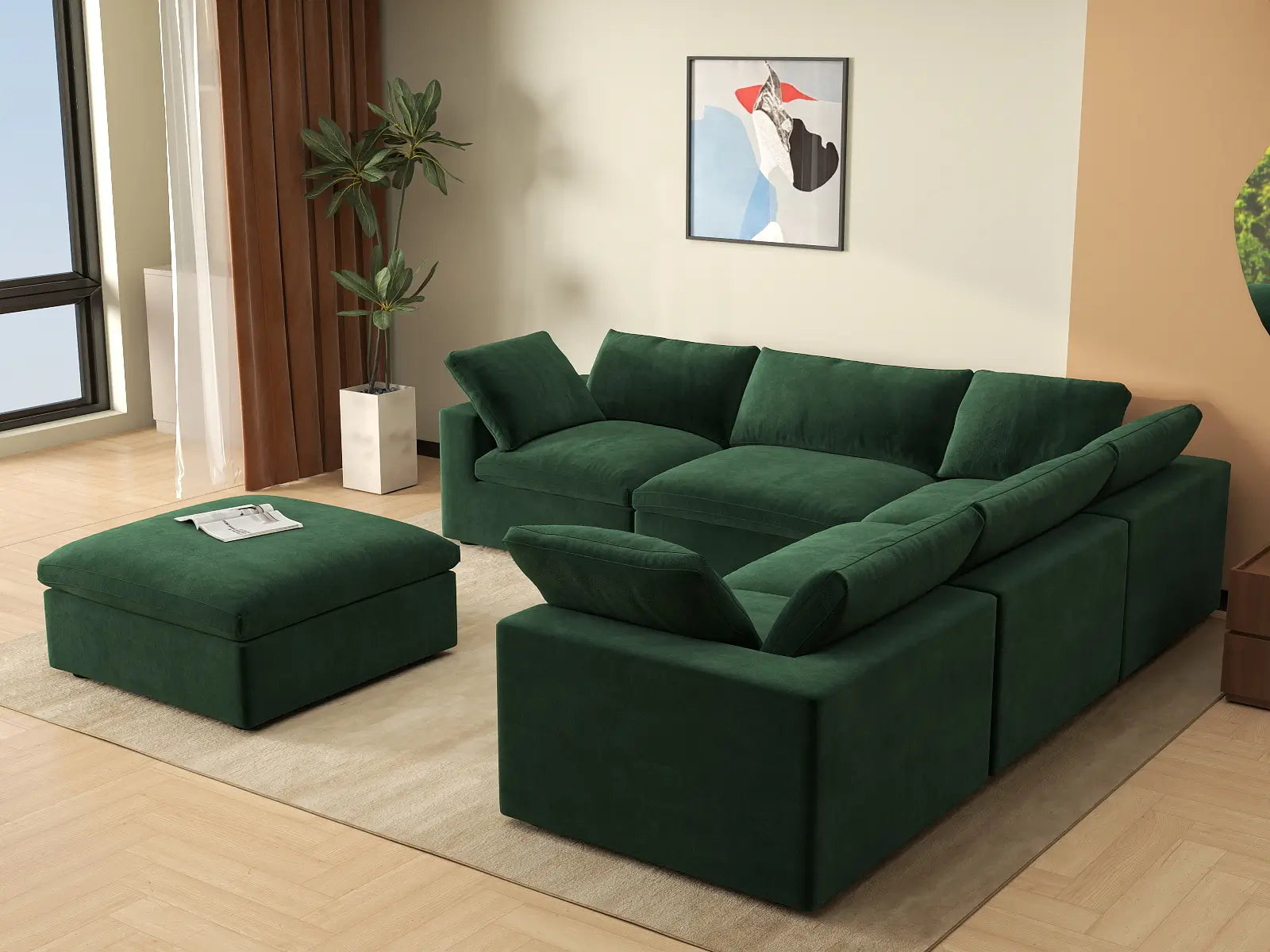 Deluxe Cloud 5-Seater Sofa Set in Olive Green Velvet | 6-Piece (Includes 1 Ottoman), Living Room, Easy To Clean, Modern Style