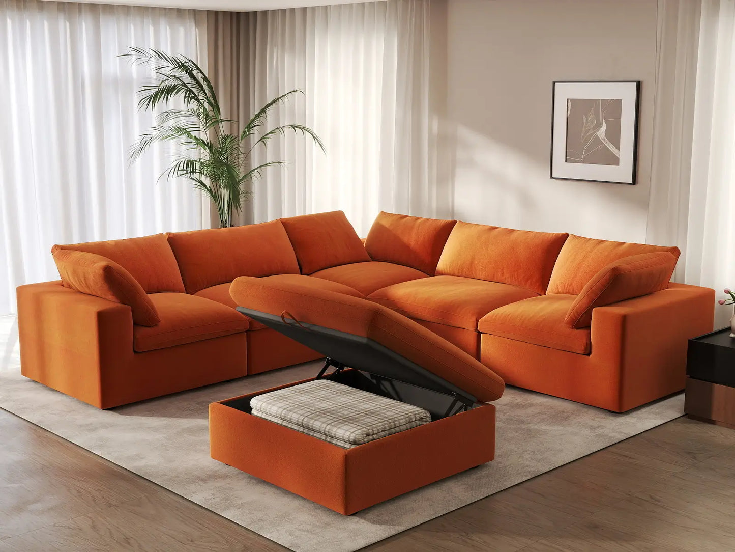 Deluxe Cloud 5-Seater Sofa Set in Orange Velvet | 6-Piece (Includes 1 Ottoman), Living Room, Easy To Clean, Large Space