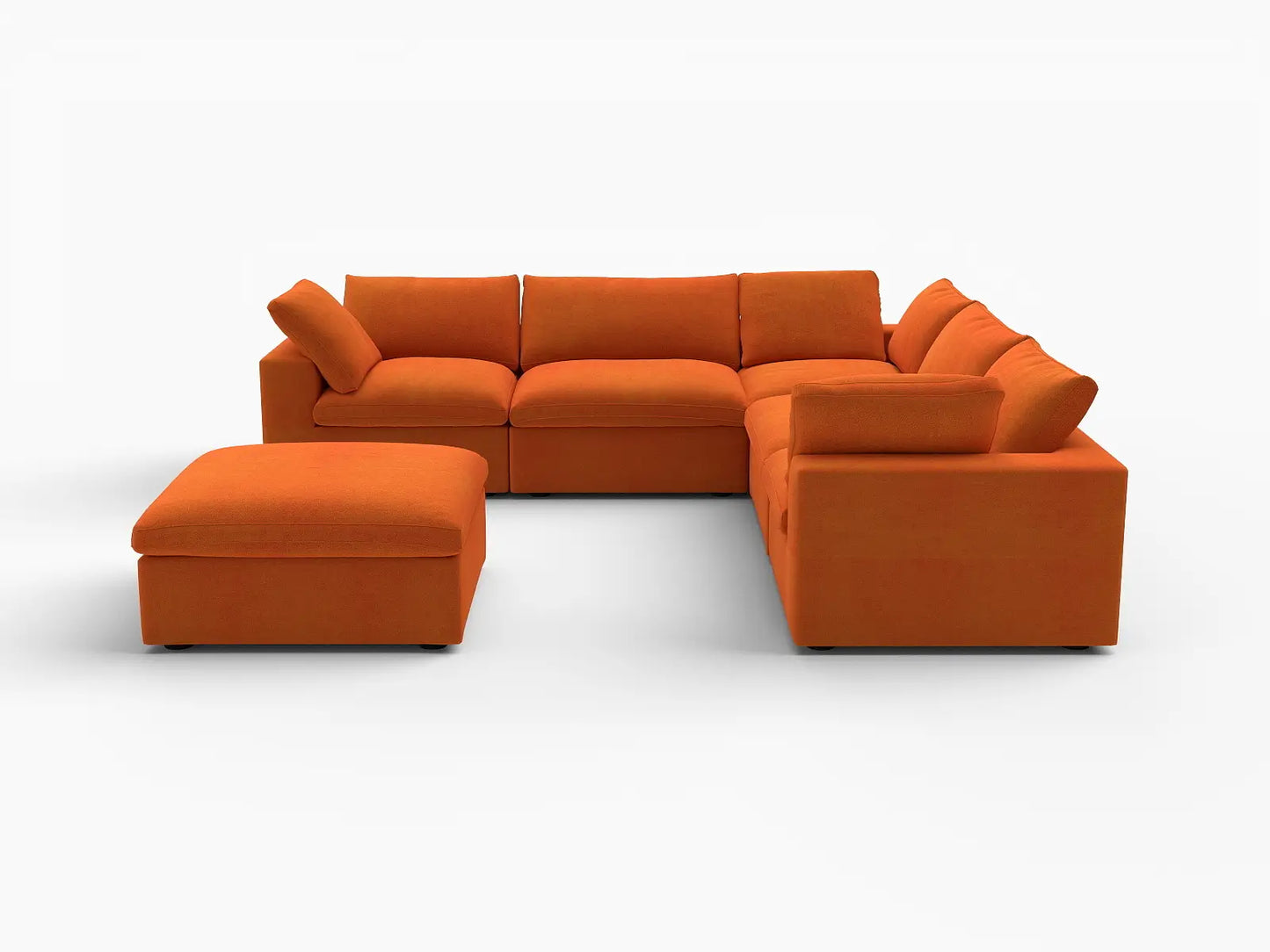 Deluxe Cloud 5-Seater Sofa Set in Orange Velvet | 6-Piece (Includes 1 Ottoman), Living Room, Easy To Clean, Large Space