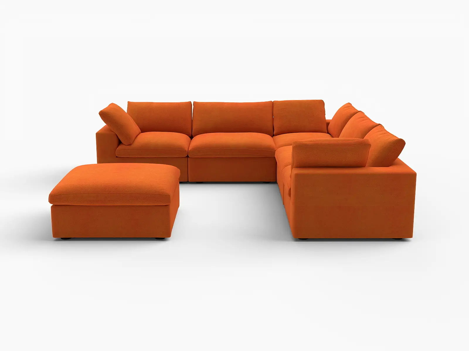 Deluxe Cloud 5-Seater Sofa Set in Orange Velvet | 6-Piece (Includes 1 Ottoman), Living Room, Easy To Clean, Large Space