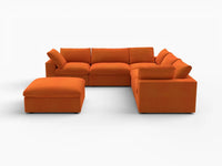 Deluxe Cloud 5-Seater Sofa Set in Orange Velvet | 6-Piece (Includes 1 Ottoman), Living Room, Easy To Clean, Large Space