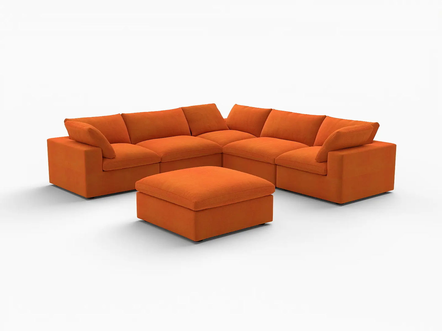 Deluxe Cloud 5-Seater Sofa Set in Orange Velvet | 6-Piece (Includes 1 Ottoman), Living Room, Easy To Clean, Large Space