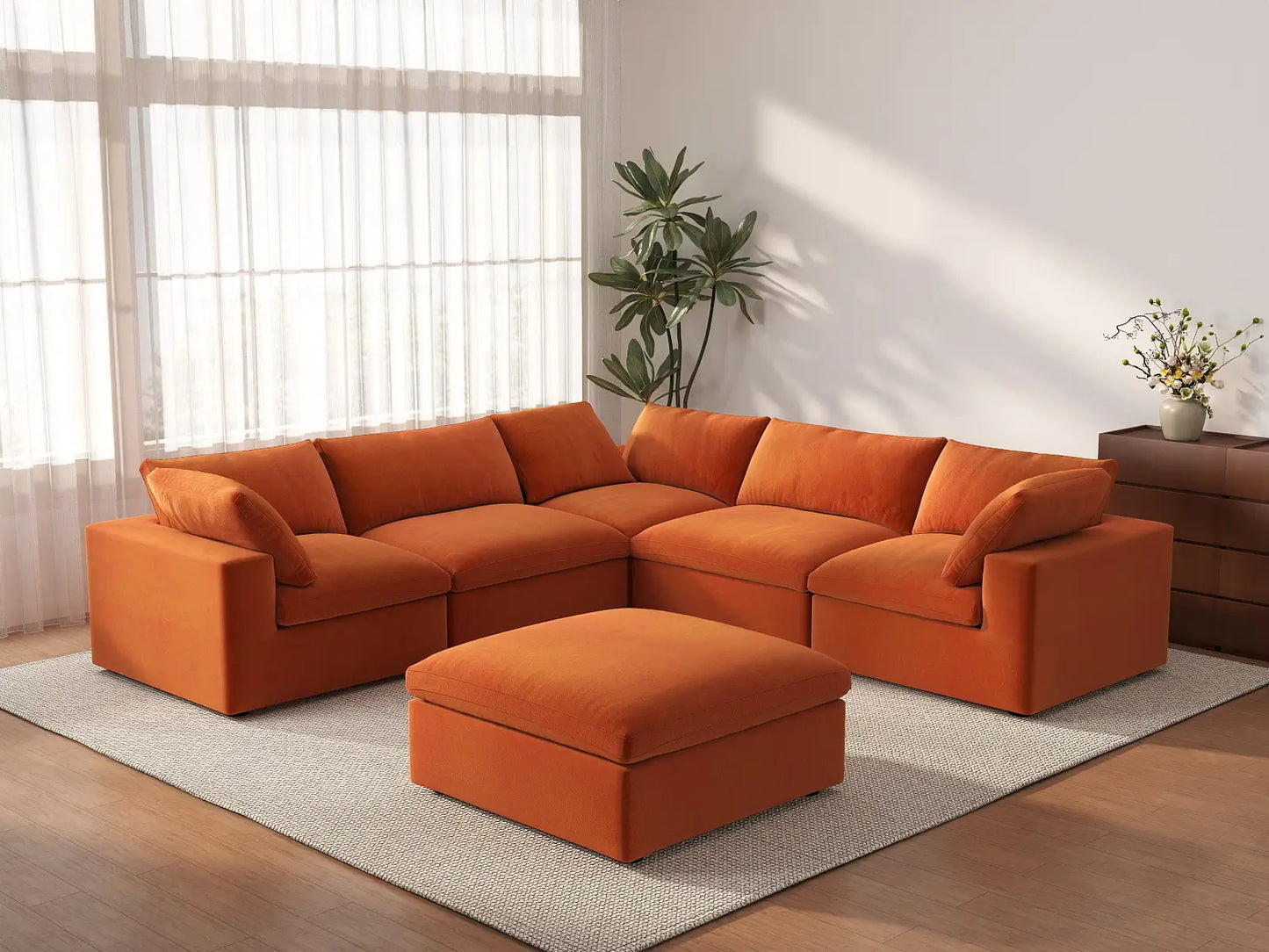 Deluxe Cloud 5-Seater Sofa Set in Orange Velvet | 6-Piece (Includes 1 Ottoman), Living Room, Easy To Clean, Large Space