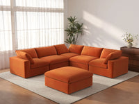 Deluxe Cloud 5-Seater Sofa Set in Orange Velvet | 6-Piece (Includes 1 Ottoman), Living Room, Easy To Clean, Large Space