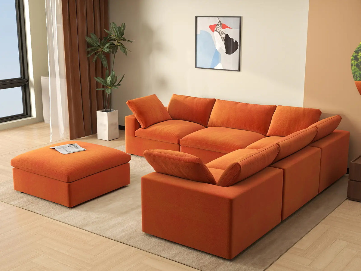 Deluxe Cloud 5-Seater Sofa Set in Orange Velvet | 6-Piece (Includes 1 Ottoman), Living Room, Easy To Clean, Large Space
