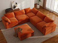 Deluxe Cloud 5-Seater Sofa Set in Orange Velvet | 6-Piece (Includes 1 Ottoman), Living Room, Easy To Clean, Large Space