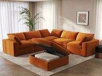 Deluxe Cloud 5-Seater Terracotta Sofa Set | 6-Piece (Includes 1 Ottoman), Velvet Fabric, Living Room, Washable Cushion Covers