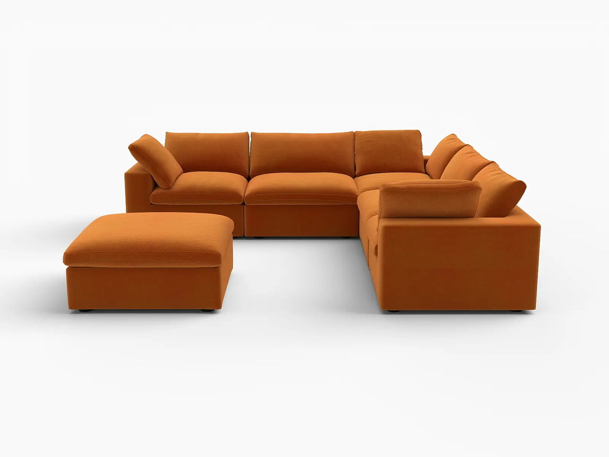 Deluxe Cloud 5-Seater Terracotta Sofa Set | 6-Piece (Includes 1 Ottoman), Velvet Fabric, Living Room, Washable Cushion Covers