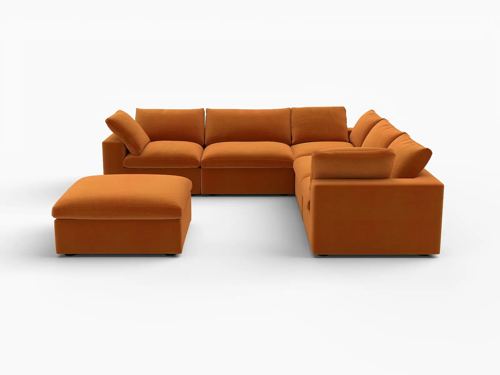 Deluxe Cloud 5-Seater Terracotta Sofa Set | 6-Piece (Includes 1 Ottoman), Velvet Fabric, Living Room, Washable Cushion Covers