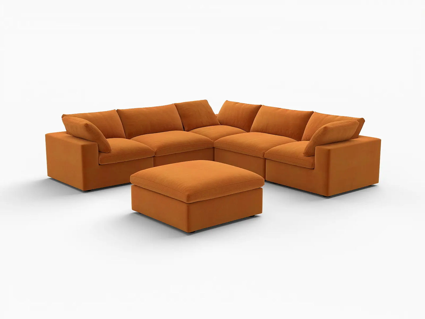 Deluxe Cloud 5-Seater Terracotta Sofa Set | 6-Piece (Includes 1 Ottoman), Velvet Fabric, Living Room, Washable Cushion Covers