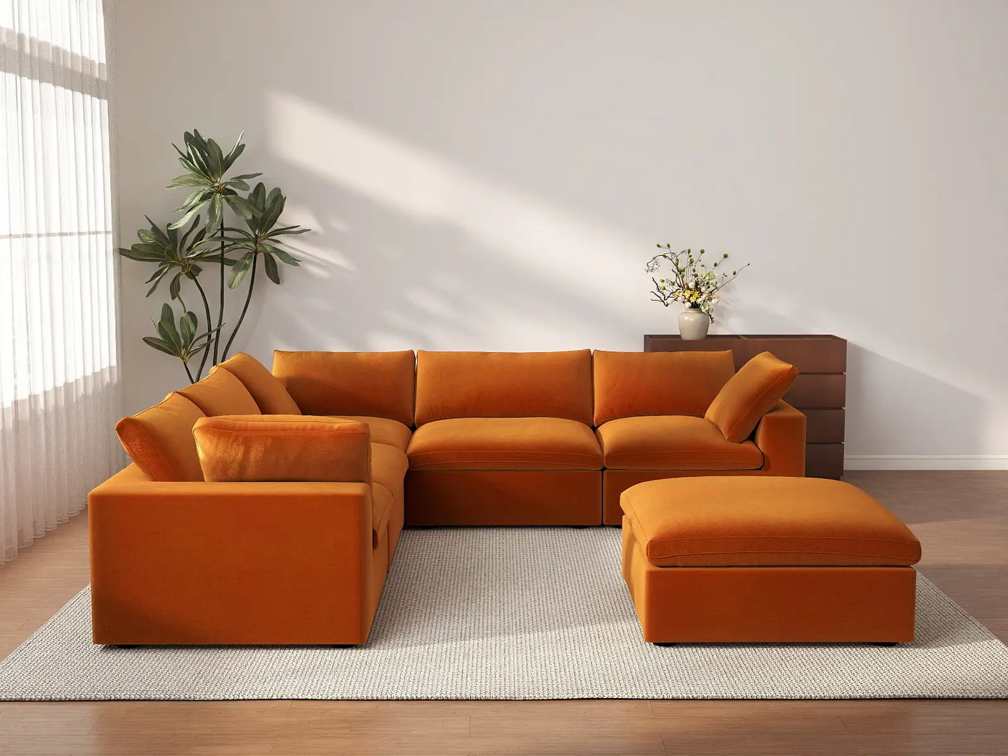 Deluxe Cloud 5-Seater Terracotta Sofa Set | 6-Piece (Includes 1 Ottoman), Velvet Fabric, Living Room, Washable Cushion Covers