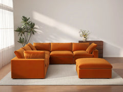 Deluxe Cloud 5-Seater Terracotta Sofa Set | 6-Piece (Includes 1 Ottoman), Velvet Fabric, Living Room, Washable Cushion Covers