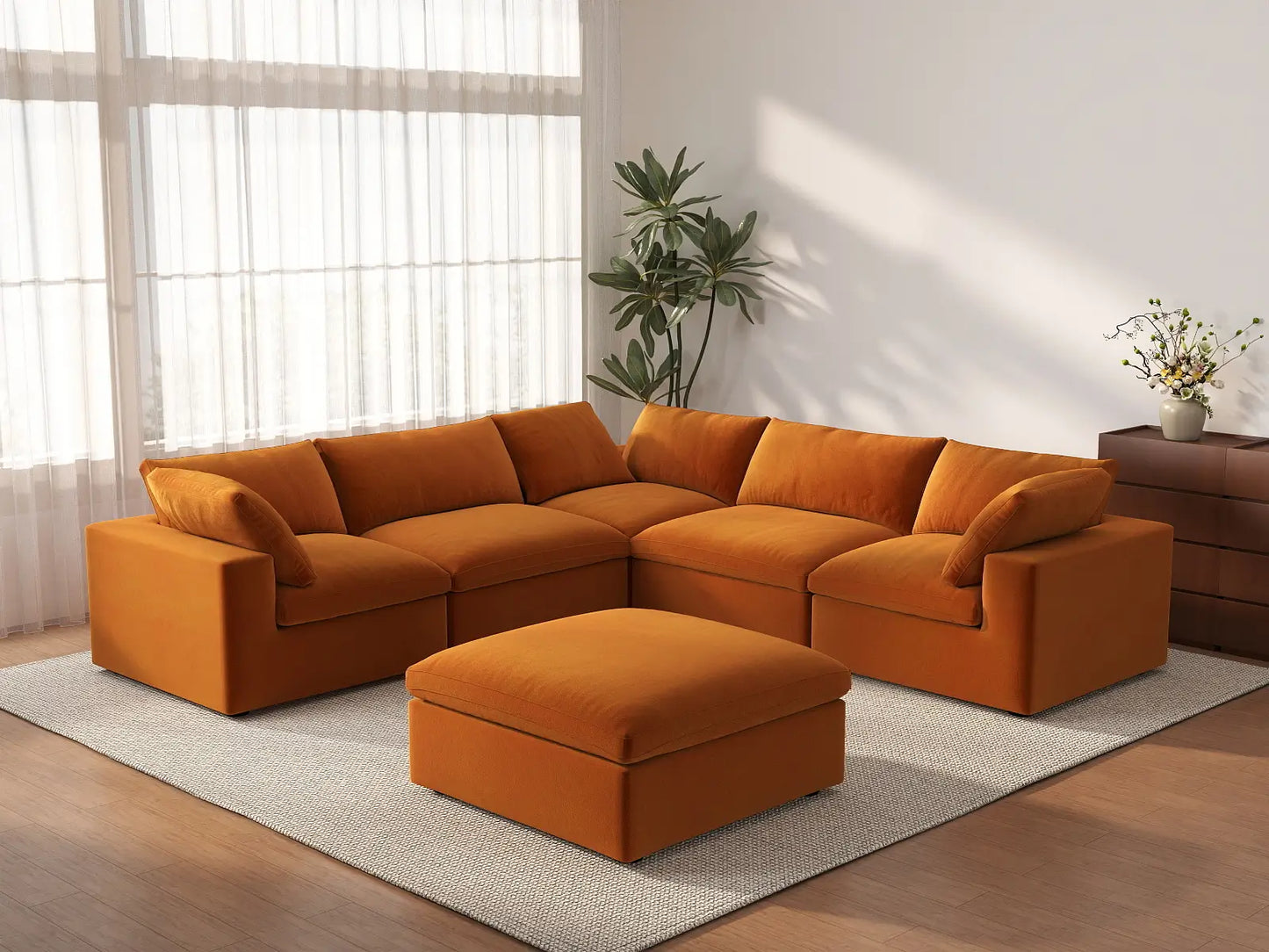 Deluxe Cloud 5-Seater Terracotta Sofa Set | 6-Piece (Includes 1 Ottoman), Velvet Fabric, Living Room, Washable Cushion Covers