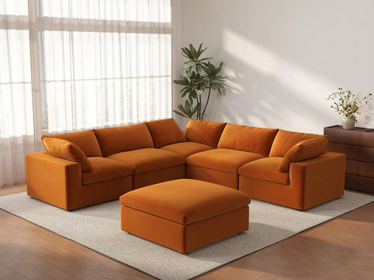 Deluxe Cloud 5-Seater Terracotta Sofa Set | 6-Piece (Includes 1 Ottoman), Velvet Fabric, Living Room, Washable Cushion Covers