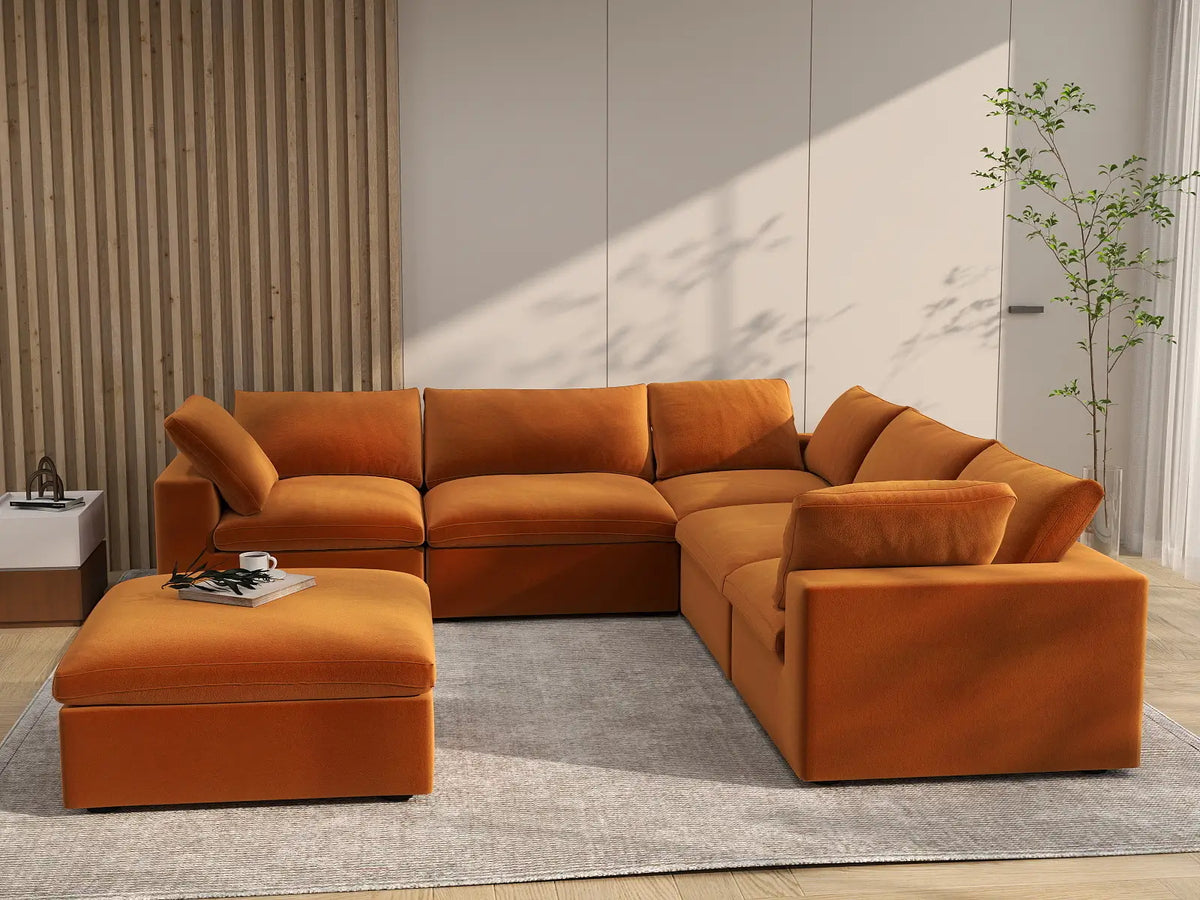 Deluxe Cloud 5-Seater Terracotta Sofa Set | 6-Piece (Includes 1 Ottoman), Velvet Fabric, Living Room, Washable Cushion Covers