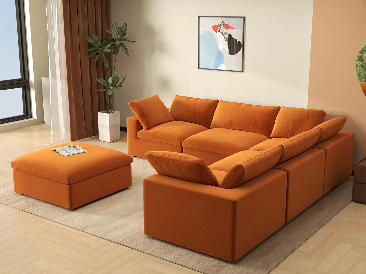 Deluxe Cloud 5-Seater Terracotta Sofa Set | 6-Piece (Includes 1 Ottoman), Velvet Fabric, Living Room, Washable Cushion Covers