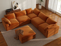 Deluxe Cloud 5-Seater Terracotta Sofa Set | 6-Piece (Includes 1 Ottoman), Velvet Fabric, Living Room, Washable Cushion Covers