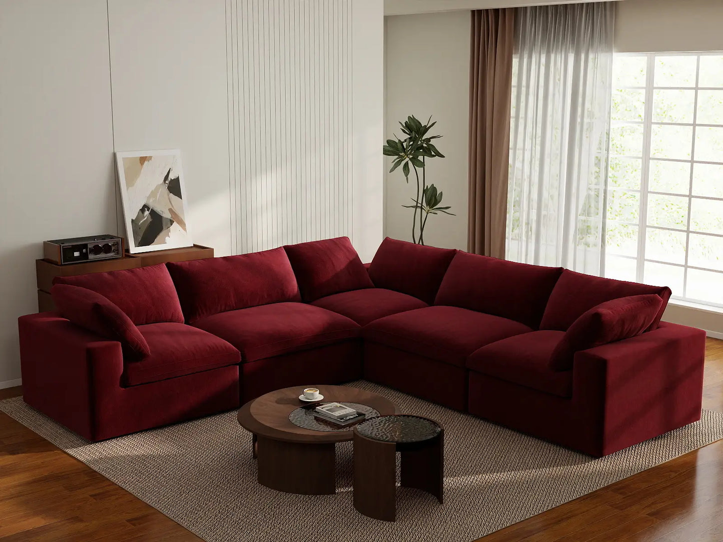 Deluxe Cloud 5-Seater V-Shaped Sectional in Claret Velvet | 5-Piece, Living Room Seating, Easy To Clean, Modular Design