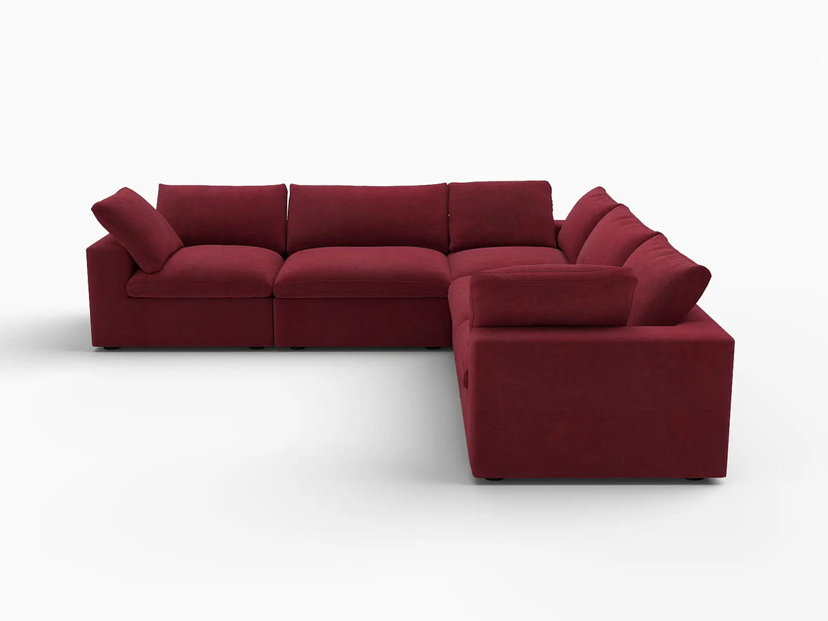 Deluxe Cloud 5-Seater V-Shaped Sectional in Claret Velvet | 5-Piece, Living Room Seating, Easy To Clean, Modular Design