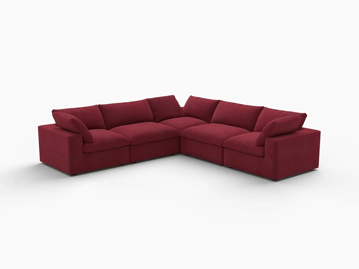 Deluxe Cloud 5-Seater V-Shaped Sectional in Claret Velvet | 5-Piece, Living Room Seating, Easy To Clean, Modular Design