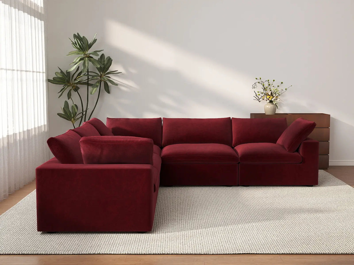 Deluxe Cloud 5-Seater V-Shaped Sectional in Claret Velvet | 5-Piece, Living Room Seating, Easy To Clean, Modular Design