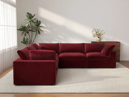 Deluxe Cloud 5-Seater V-Shaped Sectional in Claret Velvet | 5-Piece, Living Room Seating, Easy To Clean, Modular Design