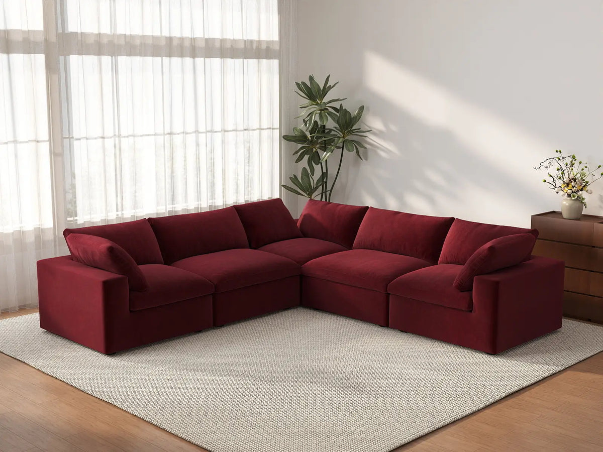 Deluxe Cloud 5-Seater V-Shaped Sectional in Claret Velvet | 5-Piece, Living Room Seating, Easy To Clean, Modular Design