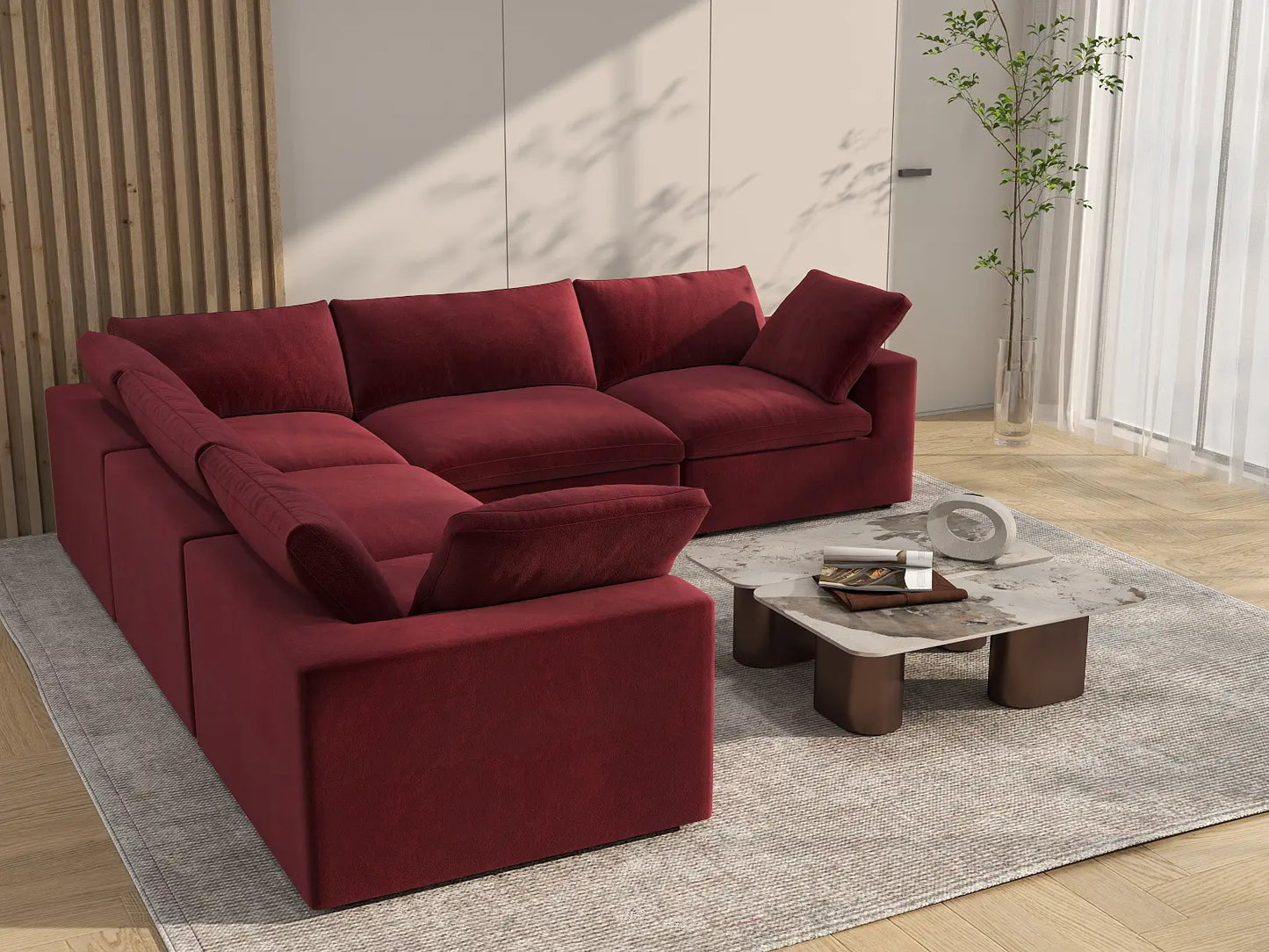 Deluxe Cloud 5-Seater V-Shaped Sectional in Claret Velvet | 5-Piece, Living Room Seating, Easy To Clean, Modular Design