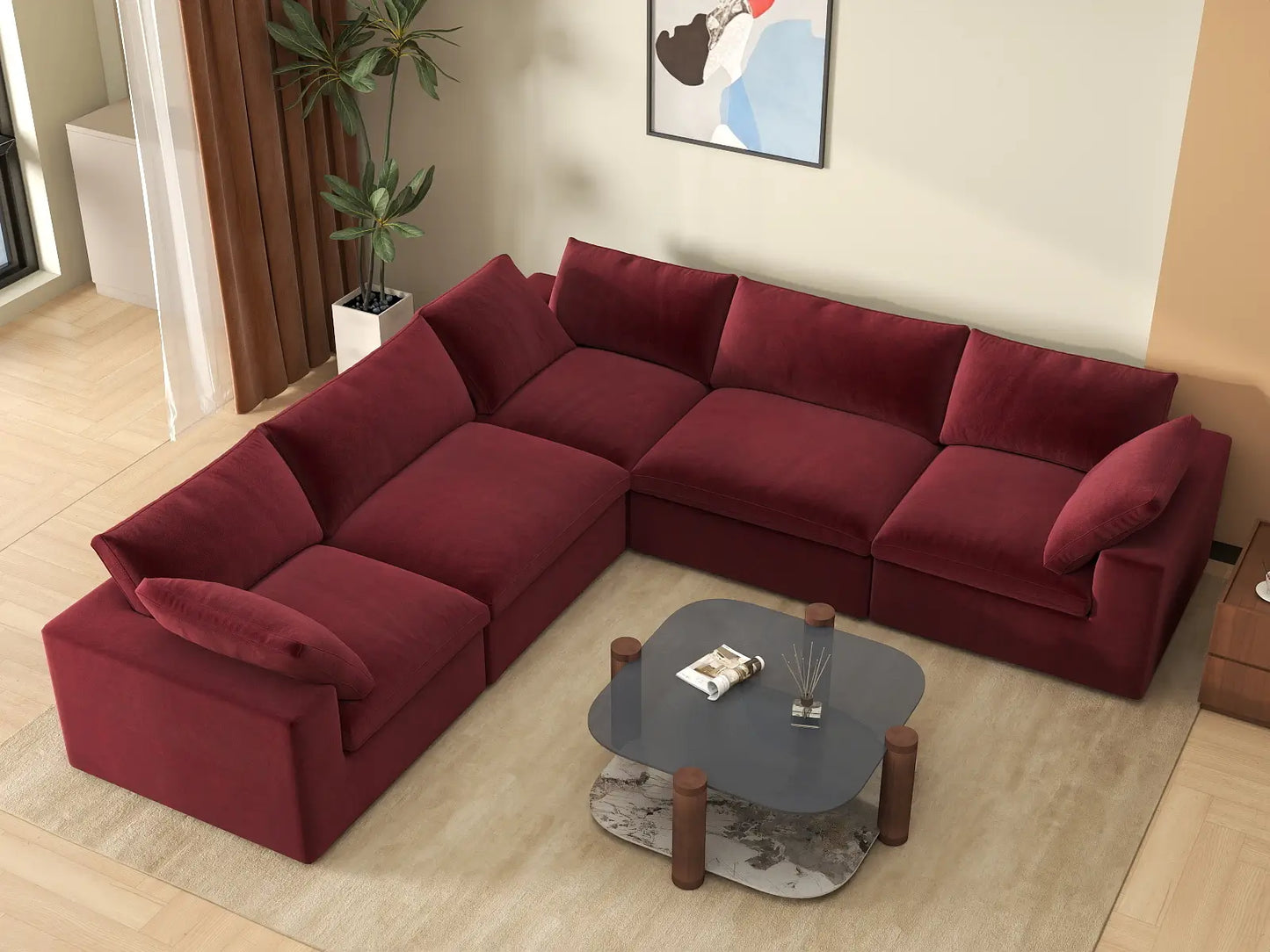 Deluxe Cloud 5-Seater V-Shaped Sectional in Claret Velvet | 5-Piece, Living Room Seating, Easy To Clean, Modular Design
